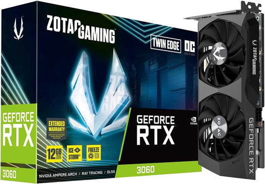 ZOTAC Gaming Geforce RTX 3060 12GB GDDR6 Twin Edge OC graphics card with cooling technology.