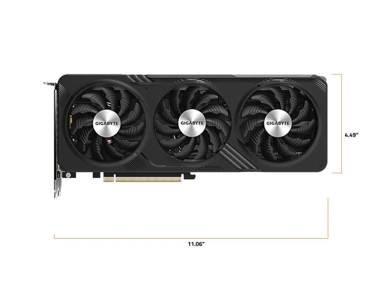 Geforce RTX 4060 8G graphics card by Gigabyte showing dimensions, featuring three fans for optimal cooling.
