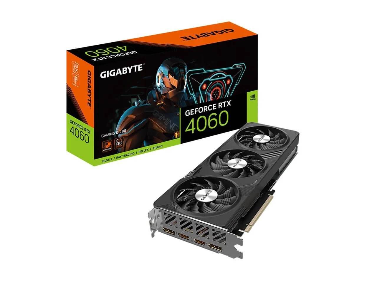 Gigabyte Geforce RTX 4060 8G graphics card with box showing advanced gaming performance and features.