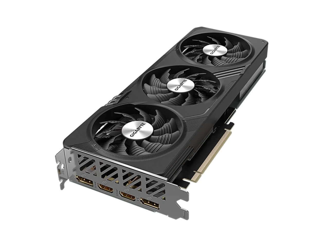 Geforce RTX 4060 8G graphics card with three cooling fans and multiple display outputs for superior gaming performance.